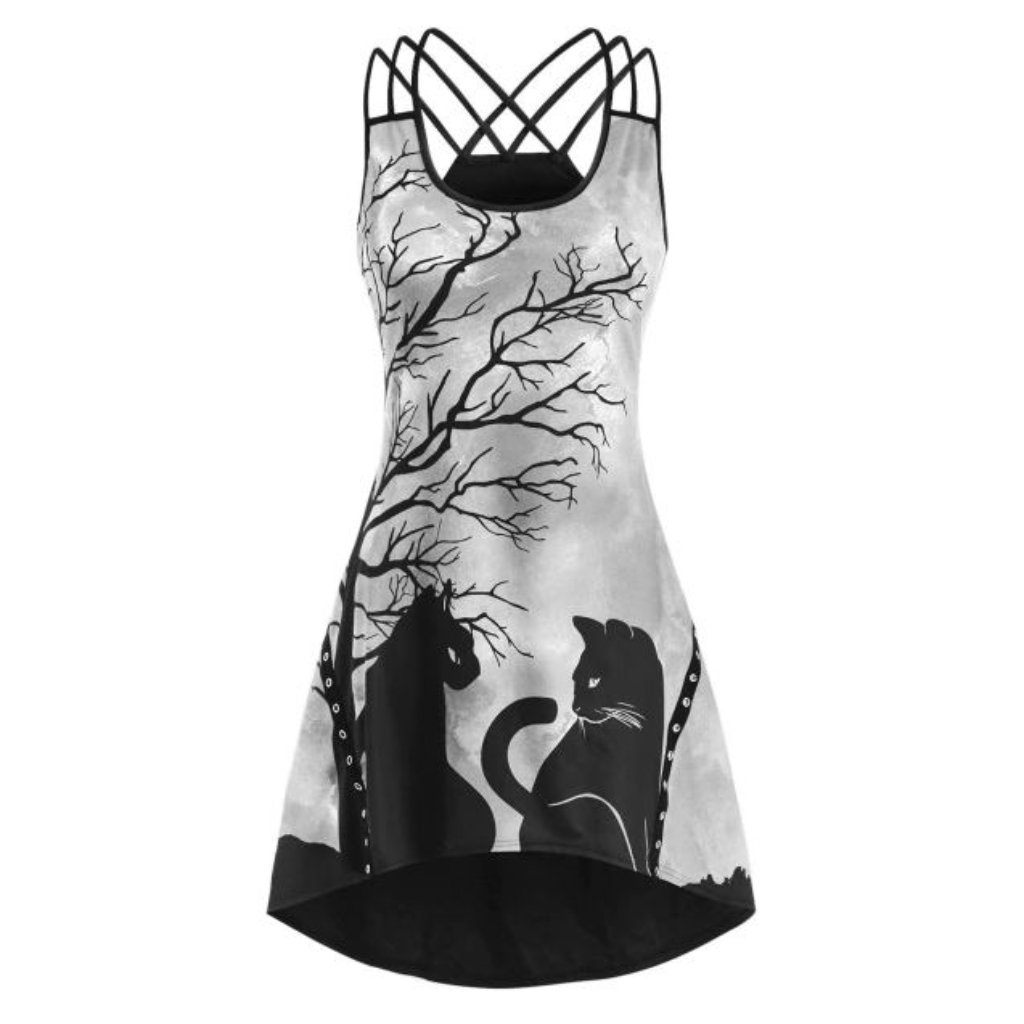 Crisscross High-Low Cat Print Dress